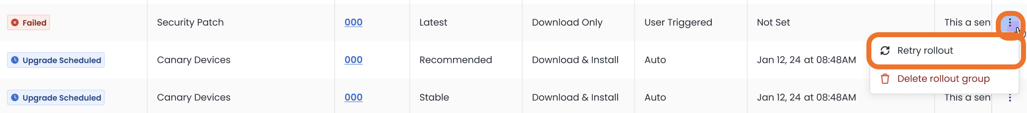 Table displaying upgrade statuses, including failed and scheduled upgrades for devices.
